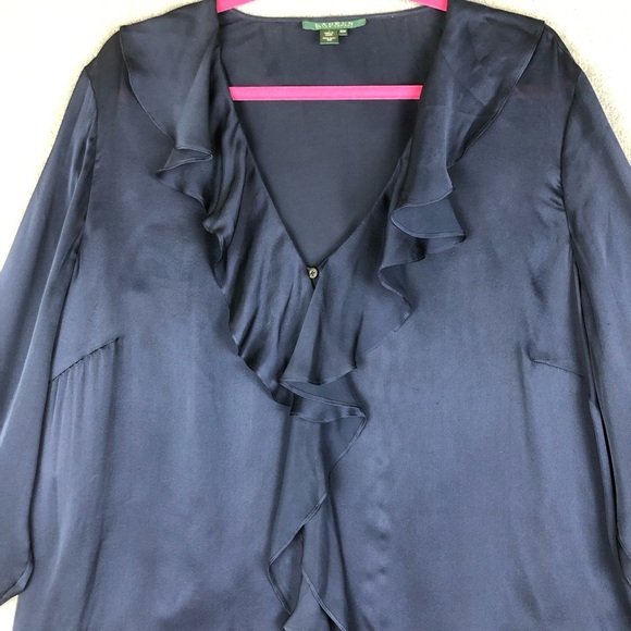 Lauren Ralph Lauren Navy Silk Sheer long sleeve Ruffle Trim blouse size 22W - Picture 2 of 10